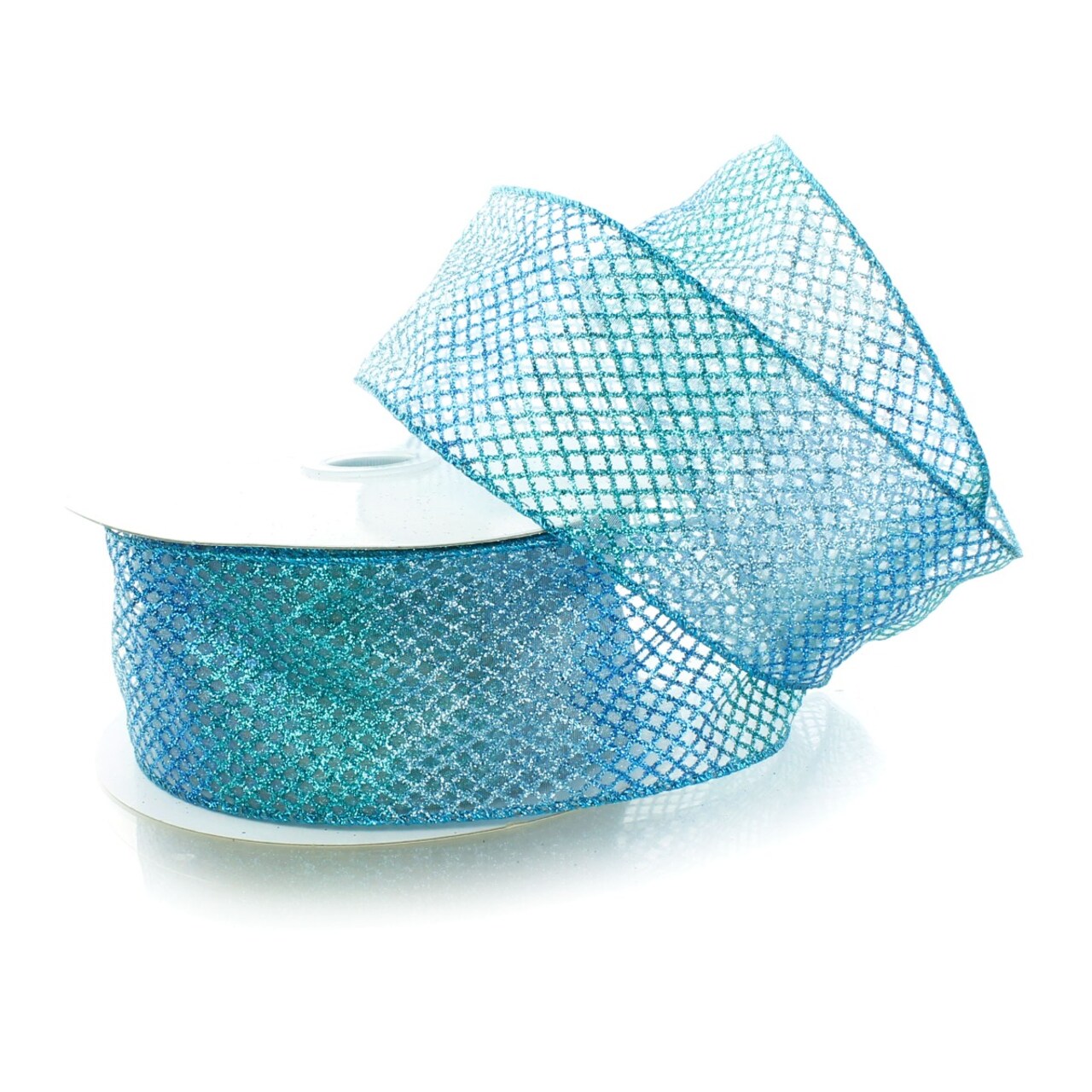 2 1/2" Wired Ribbon Sheer Ombre Glitter Diamond Mesh - Blue - 10 Yards